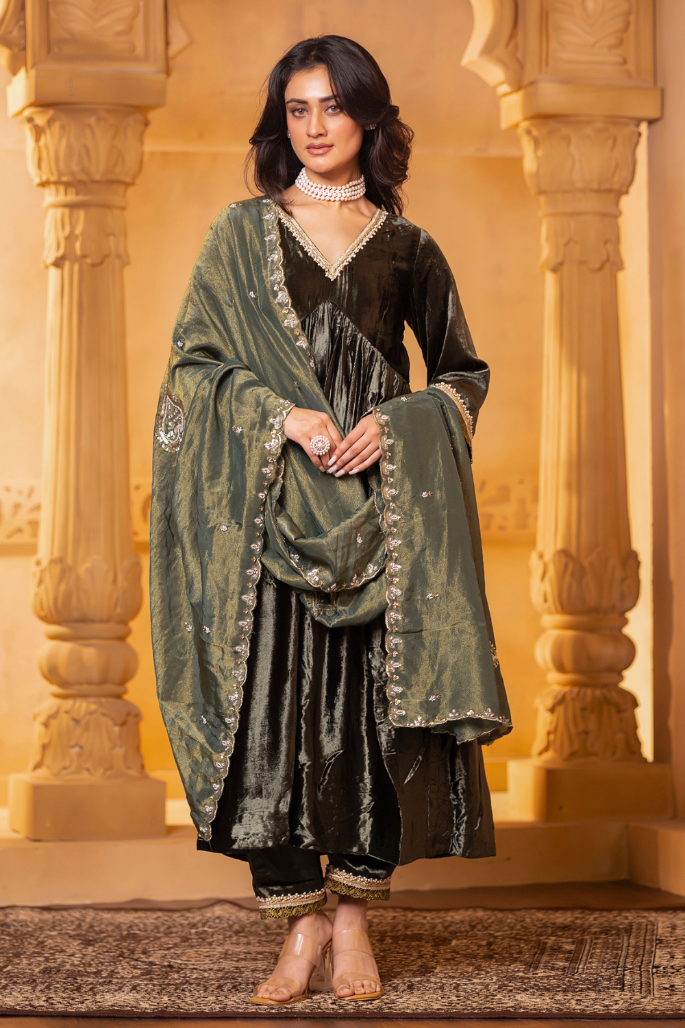 Olive Green Velvet Anarkali Set