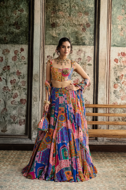 MULTI-COLOR PRINT AND HIGHLIGHTED CRISS-CROSS BACK BLOUSE WITH GODET SKIRT SET
