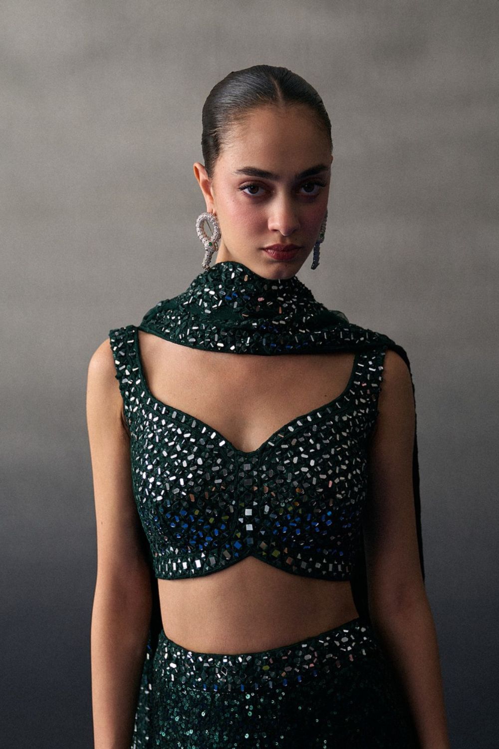 Green Sequins Georgette Skirt Set