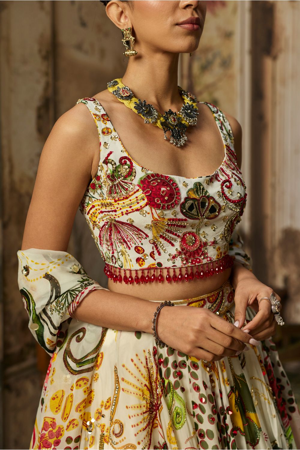 IVORY PRINT AND HIGHLIGHTED LEHENGA SET