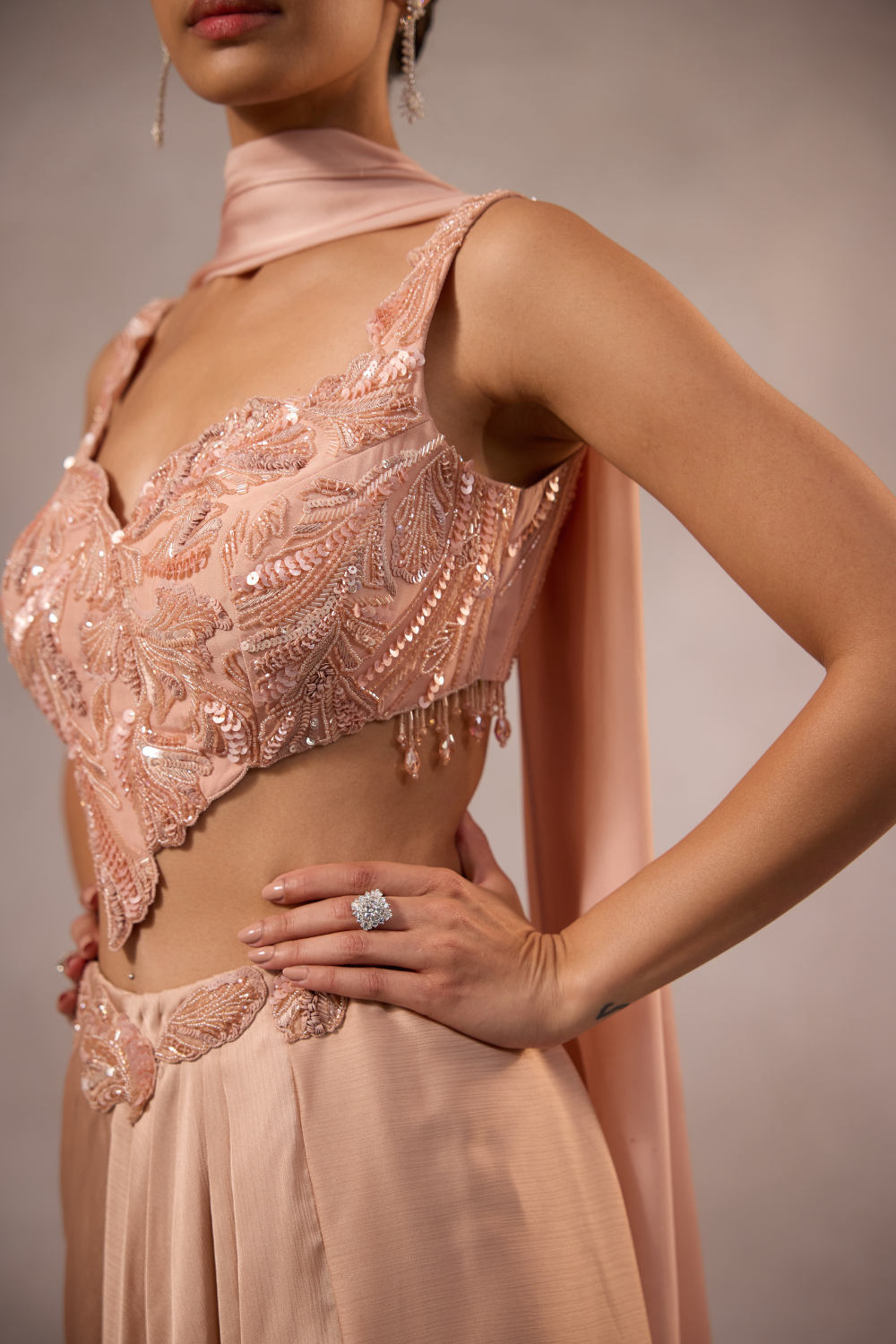 Champagne Pink Drape Skirt with Blouse & Stole