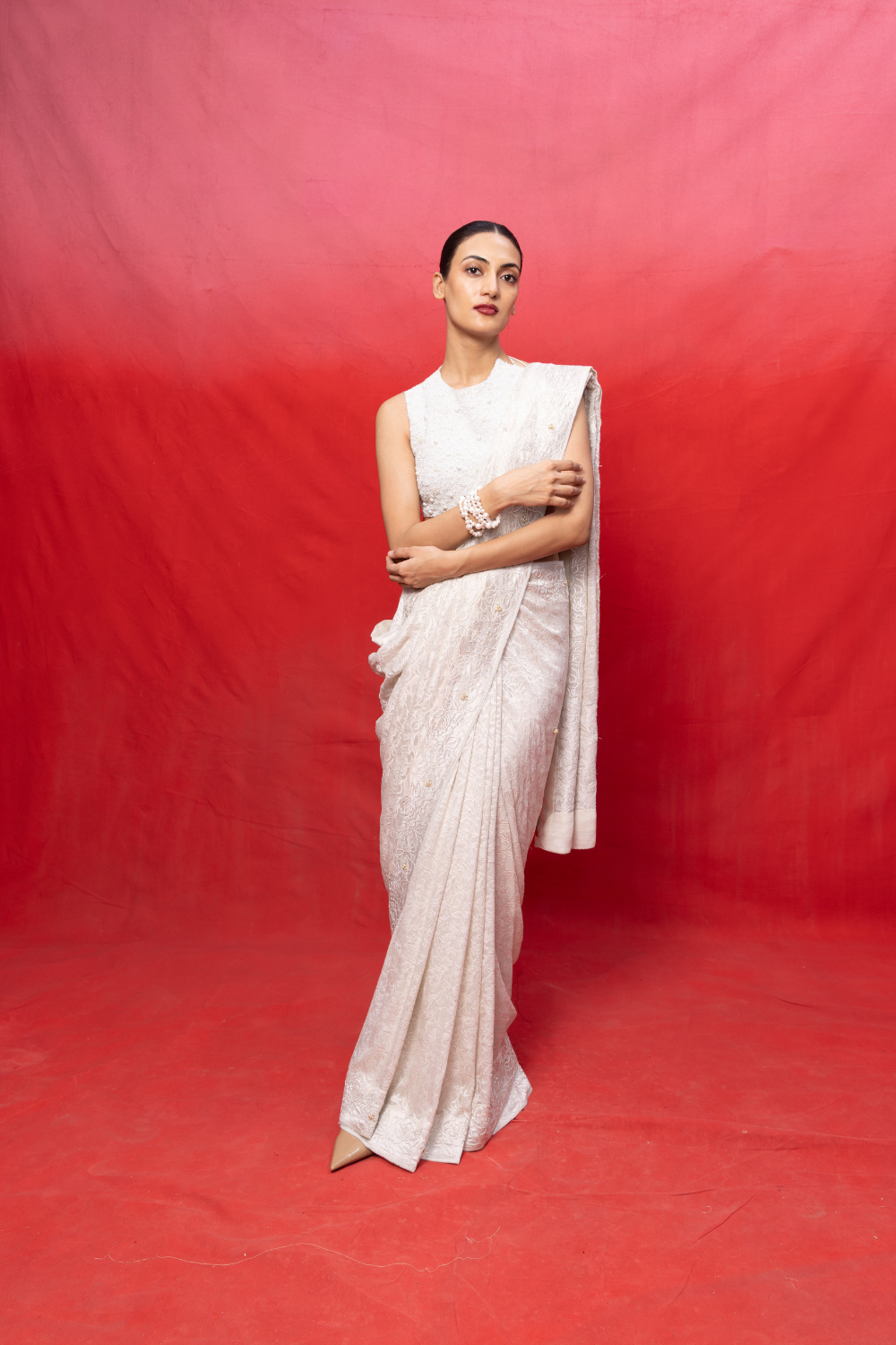Handwoven Off-White Chiffon Embossed Saree