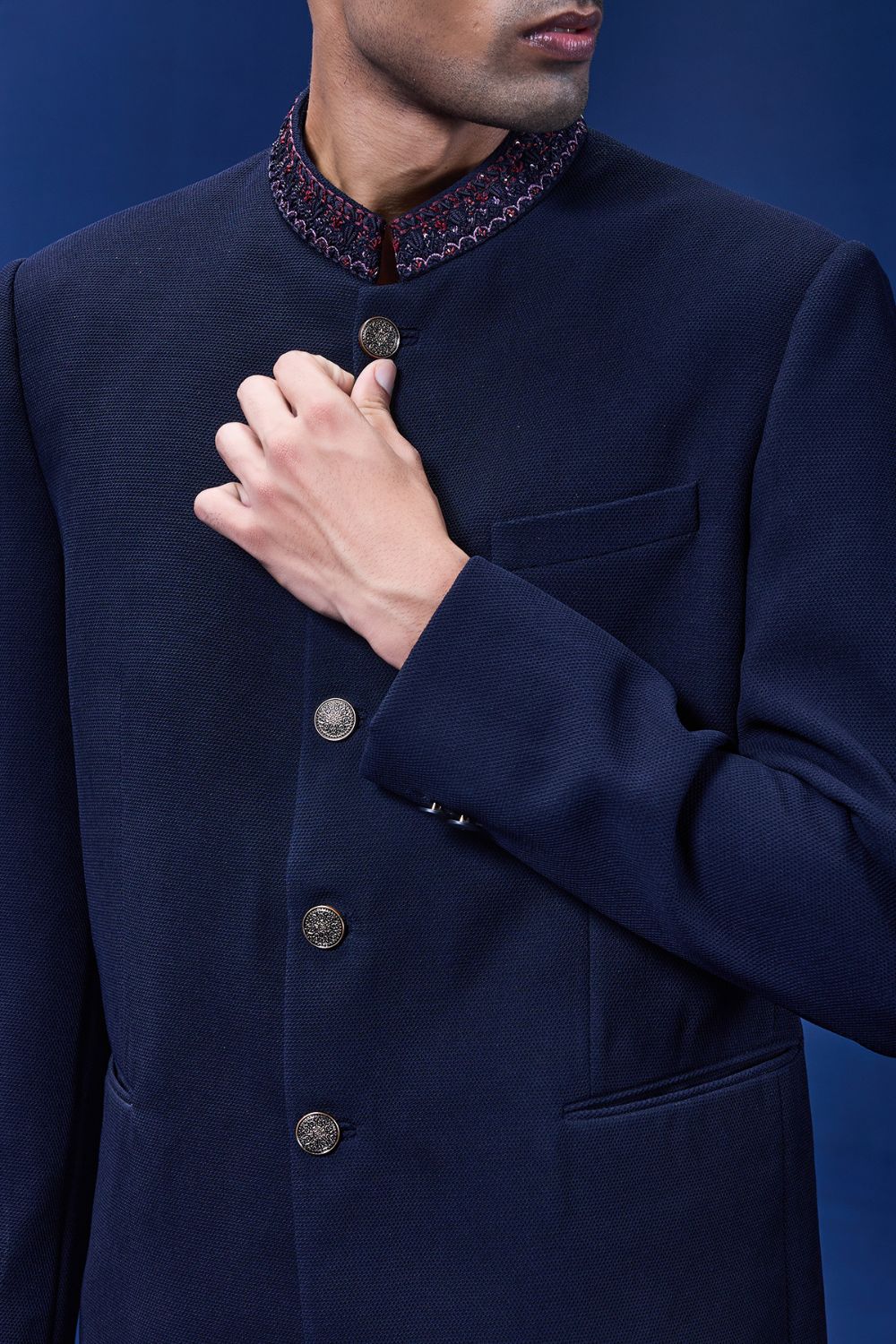 Navy blue bandhgala detailing with golden button, sequins , cutdana and thread work