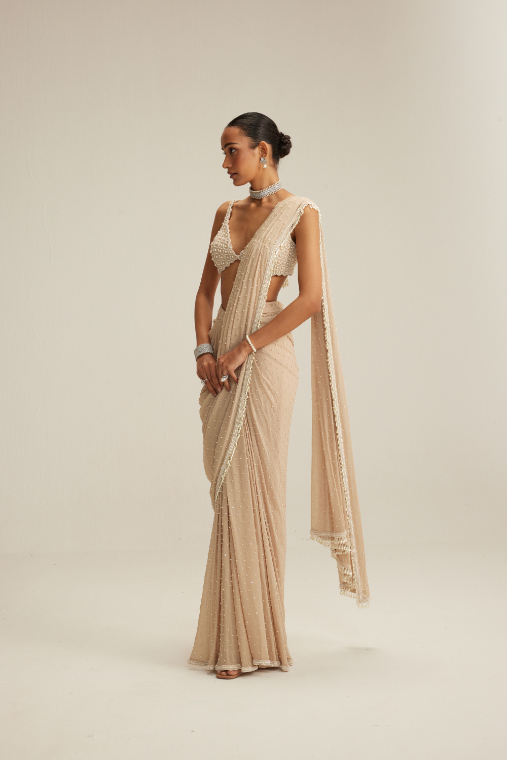 Light Beige Scattered Pearls draped saree set