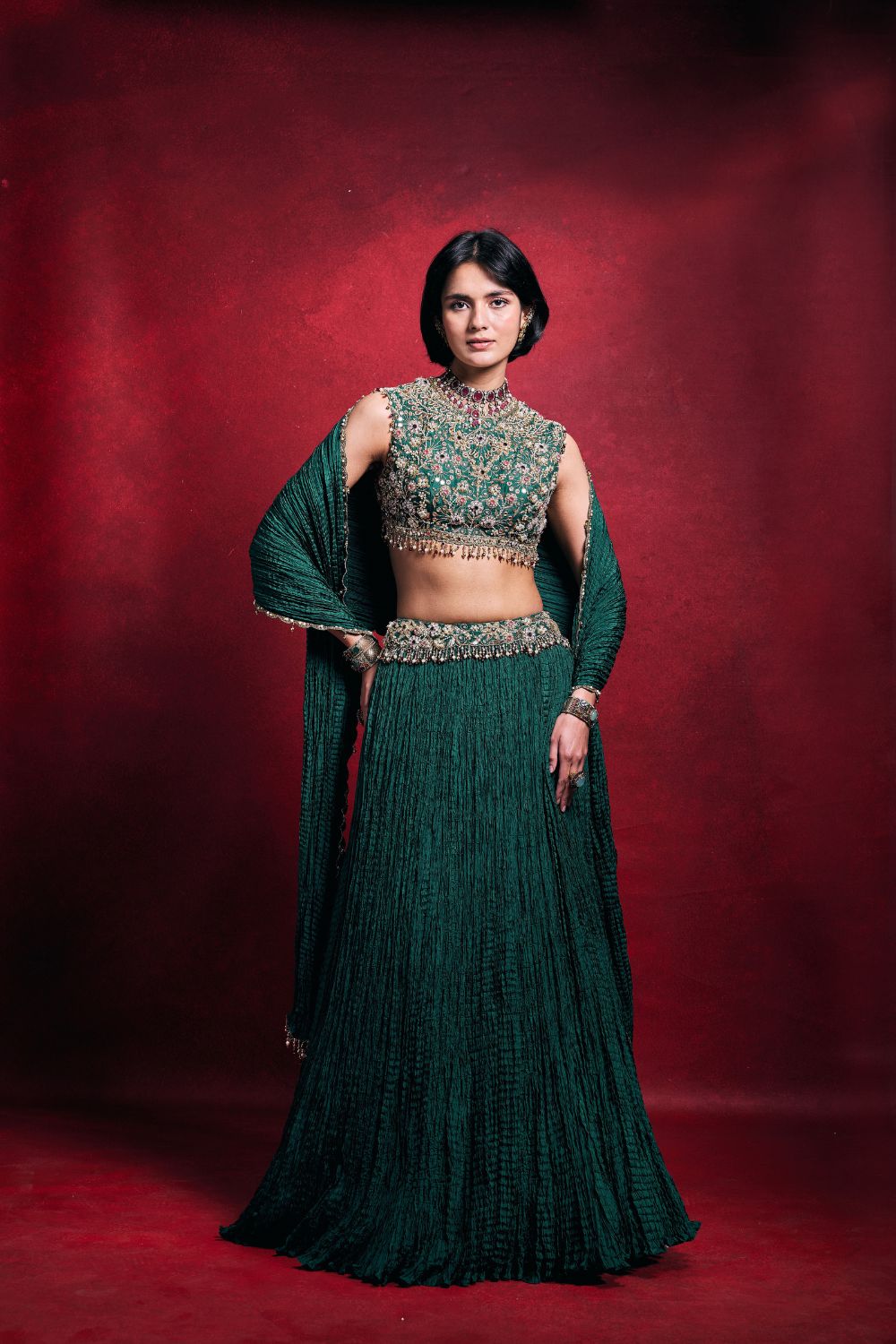 EMERALD GREEN CRUSHED LEHENGA SET