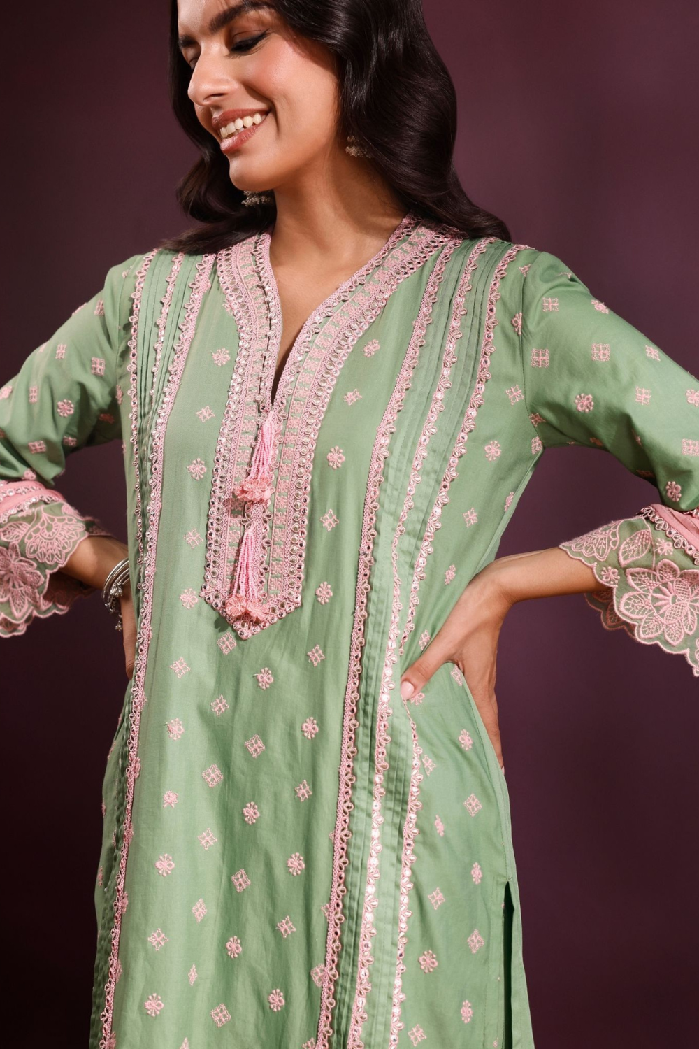 Pira Pima Satin Parrot Green Kurta Set