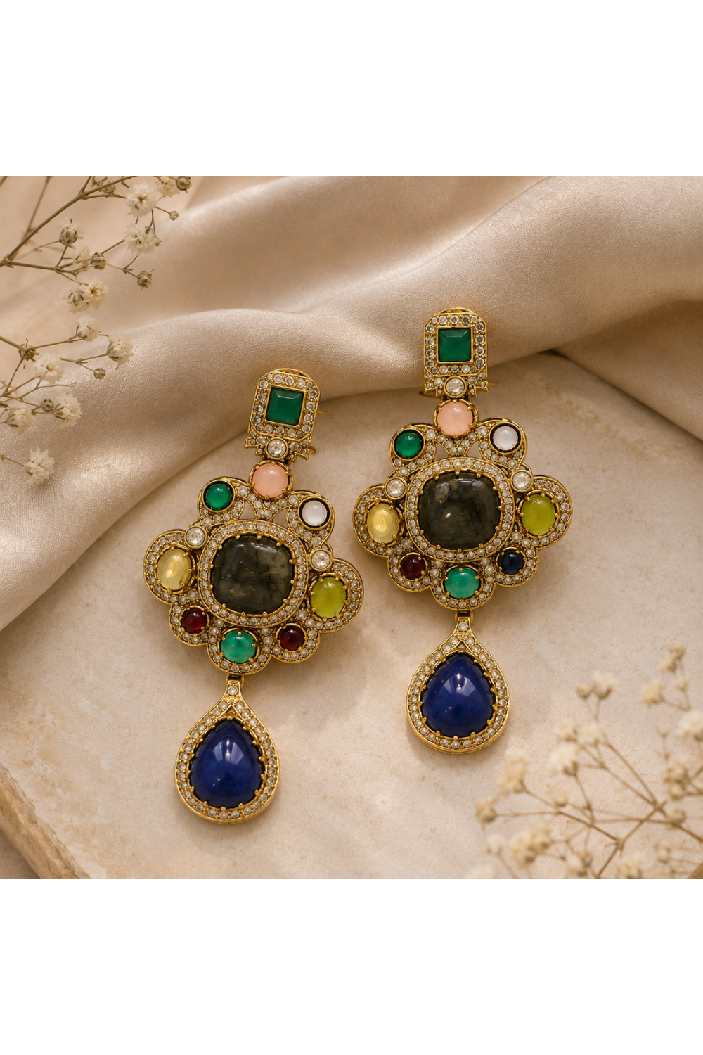 Multicolour Semi-Precious Stone Statement Drop Earrings