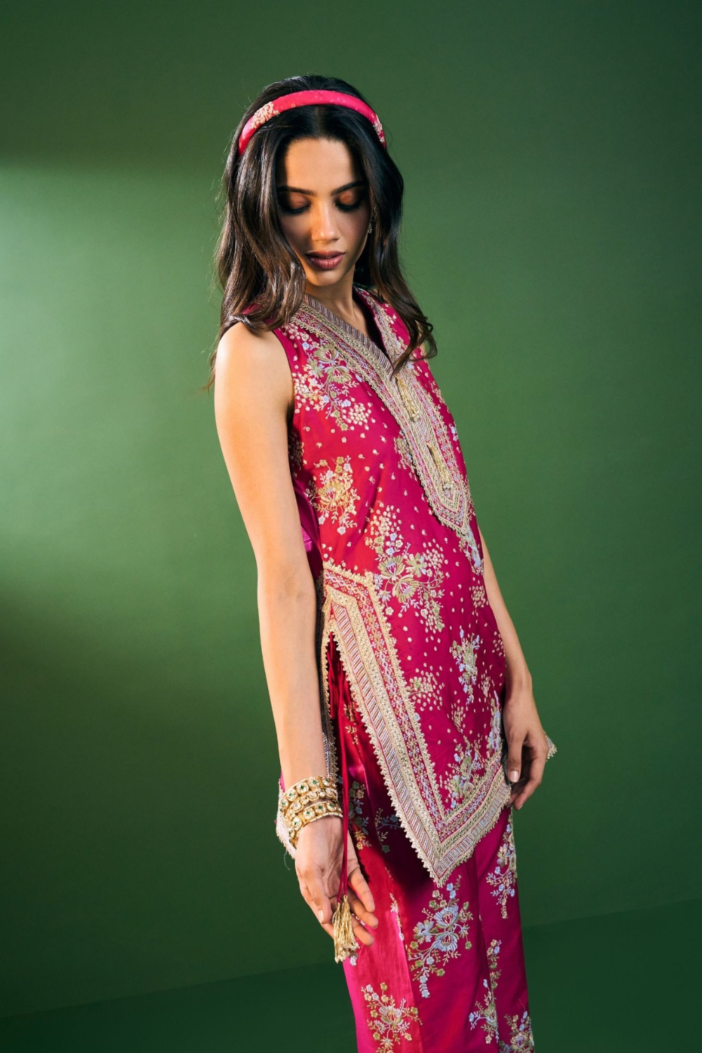 Lami Pima Satin Fuchsia Kurta With Flared Bell-Bottom Pants