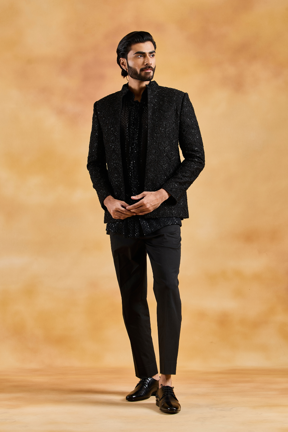 Black Open Jacket with Short Kurta and Pants