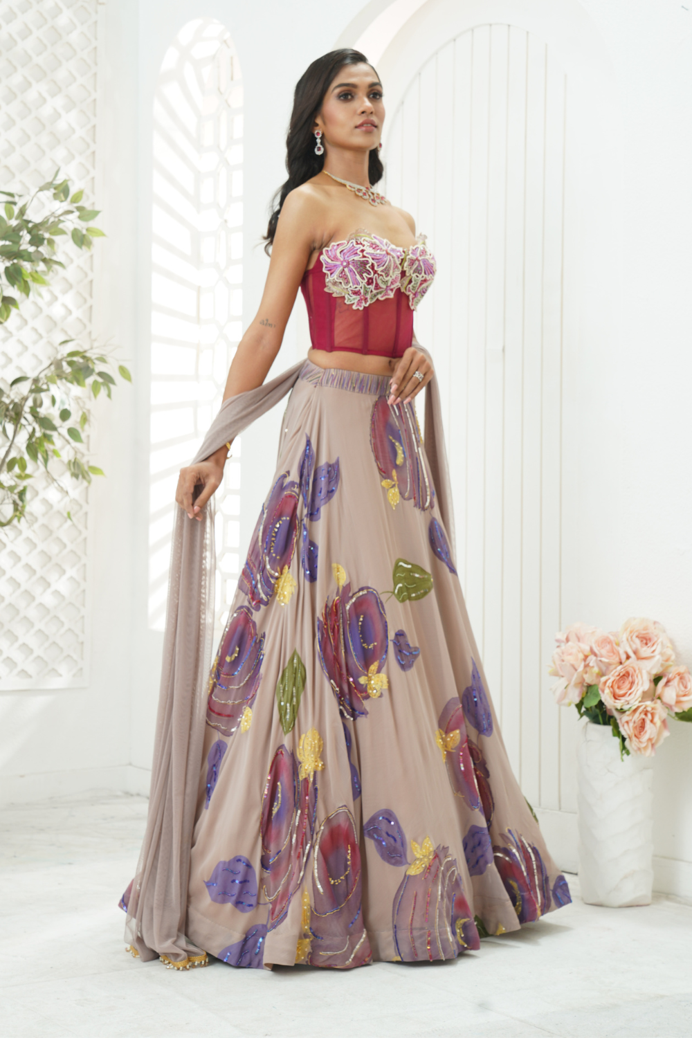 Mauve hand painted lehenga and floral corset set
