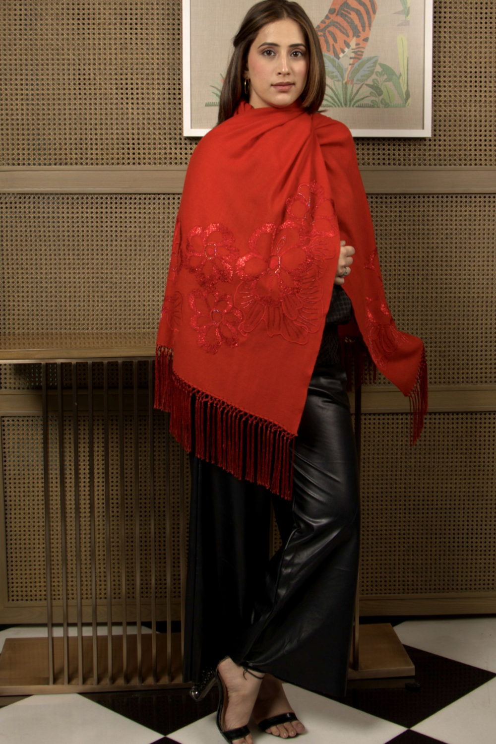 Shimmy Shimmer | Embroidered Wool Silk Stole – Red