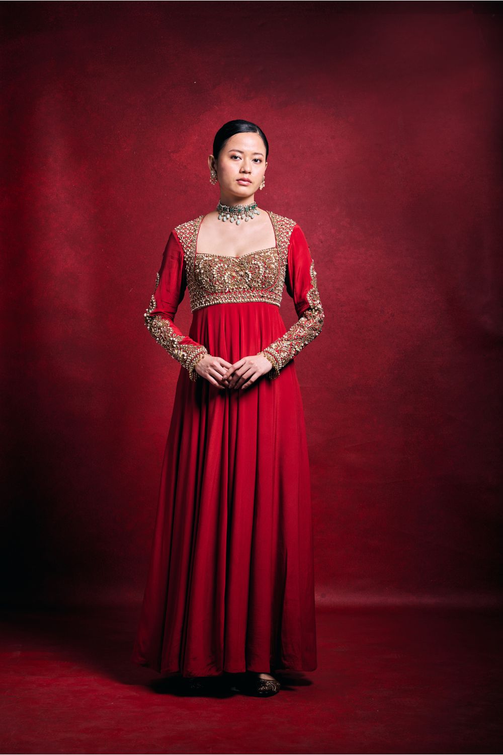 RED CREPE ANARKALI SET