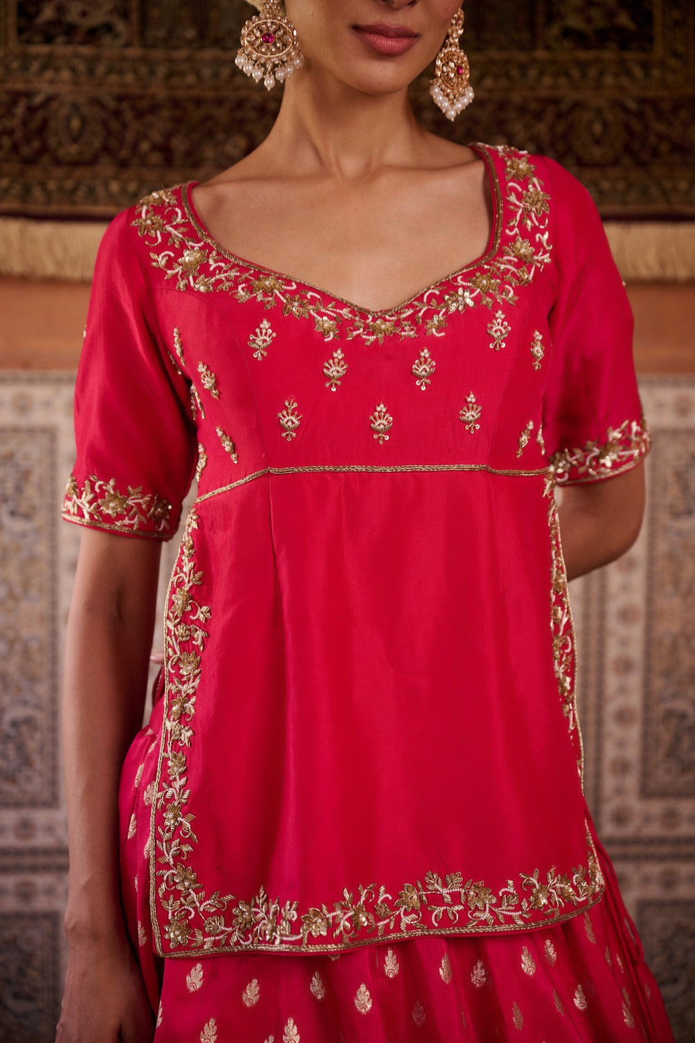 Fuchsia embroidered kurti with banarsi lehenga and dupatta