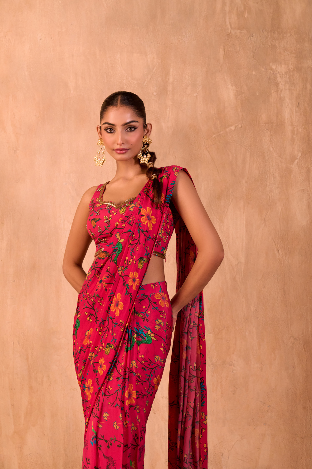 PINK PRINT EMBROIDERED CHOLI WITH PRE-DRAPED SARI SET