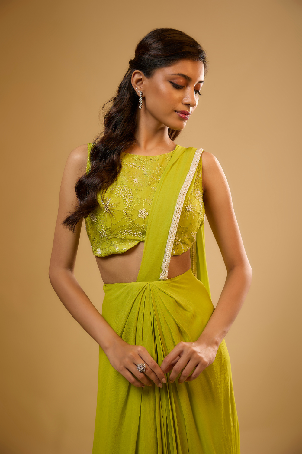 Citrus green pre-stitched georgette saree set embroidered with sequins, glass beads & threadwork