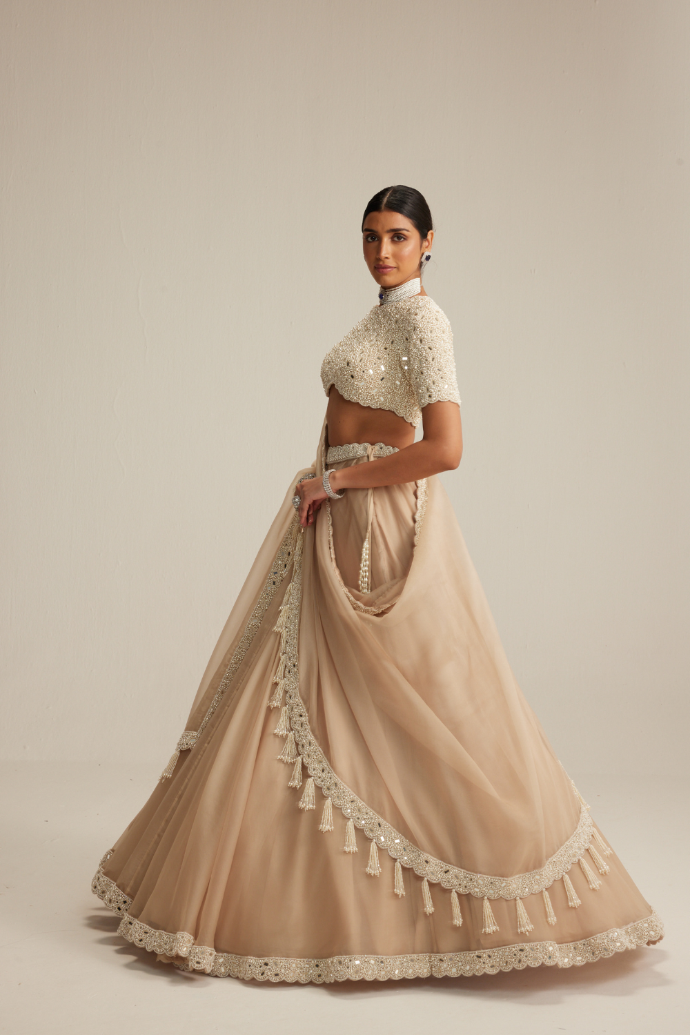 Light Beige Organza Lehenga Set with High Neck Blouse