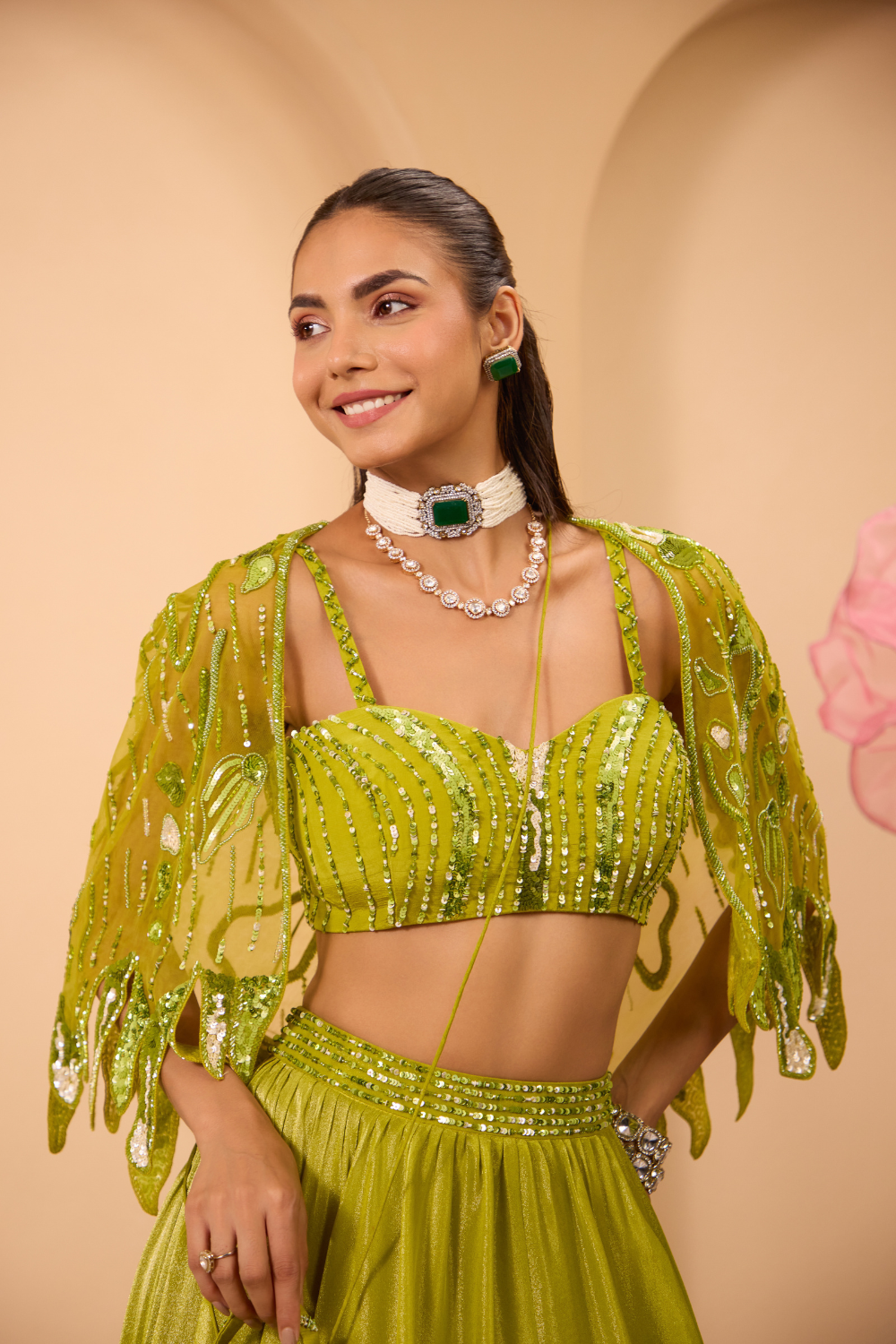 Green Hand Embroidered Blouse W/Lehenga & Cape