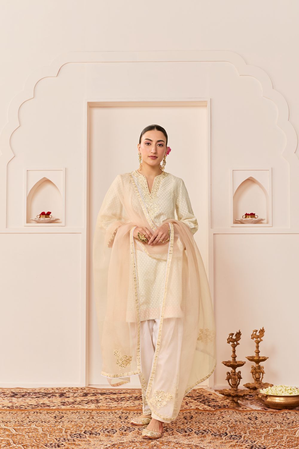 REEM - DAISY IVORY SHORT CHOGA WITH DOGRI SALWAR AND DUPATTA