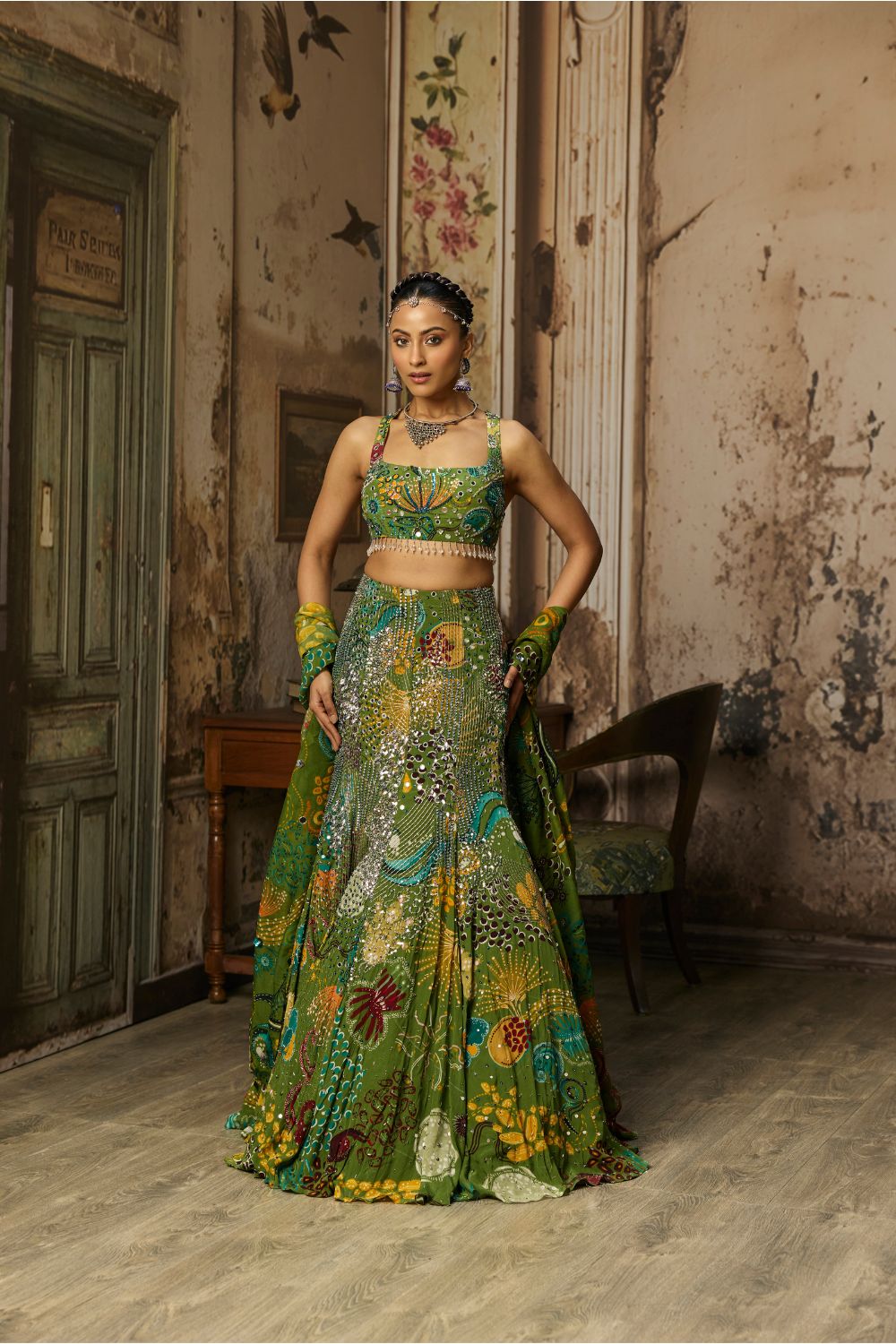 PEAR GREEN PRINTED HIGHLIGHTED BELL BOTTOM PANTS SET