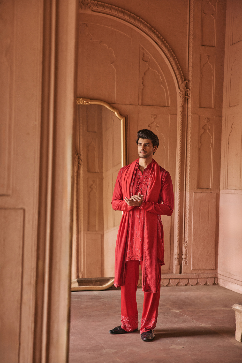 Red, resham, silk, kurta ensemble
