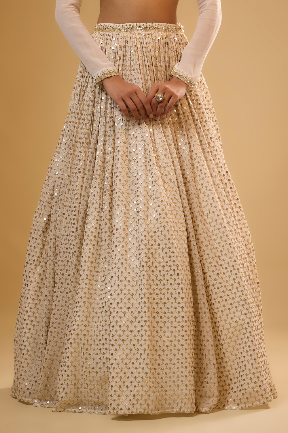Vanilla white georgette lehenga set embroidered with mirrors and gold sequins