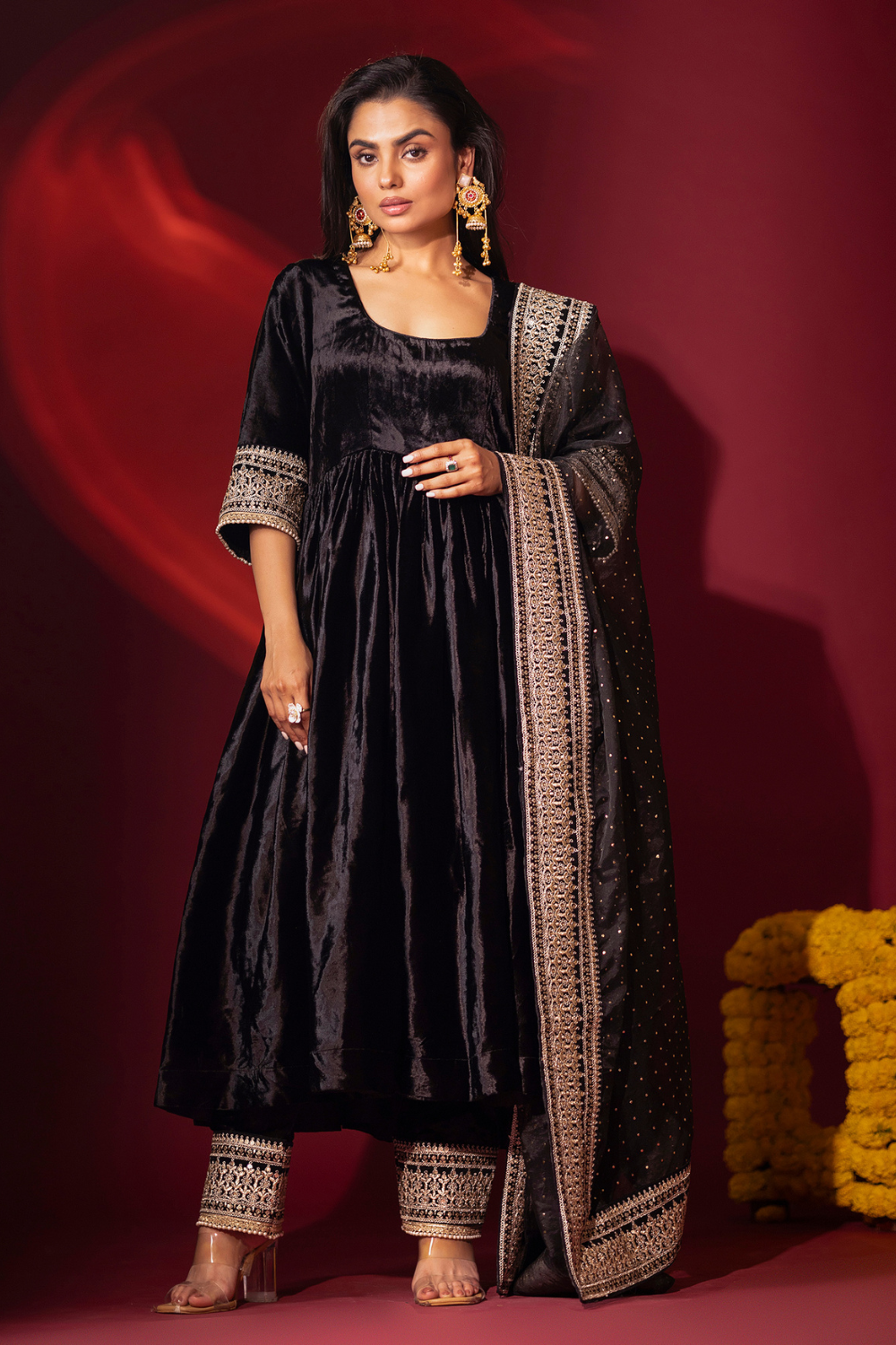 Black Silk Velvet Anarkali and Pants with Organza Dupatta