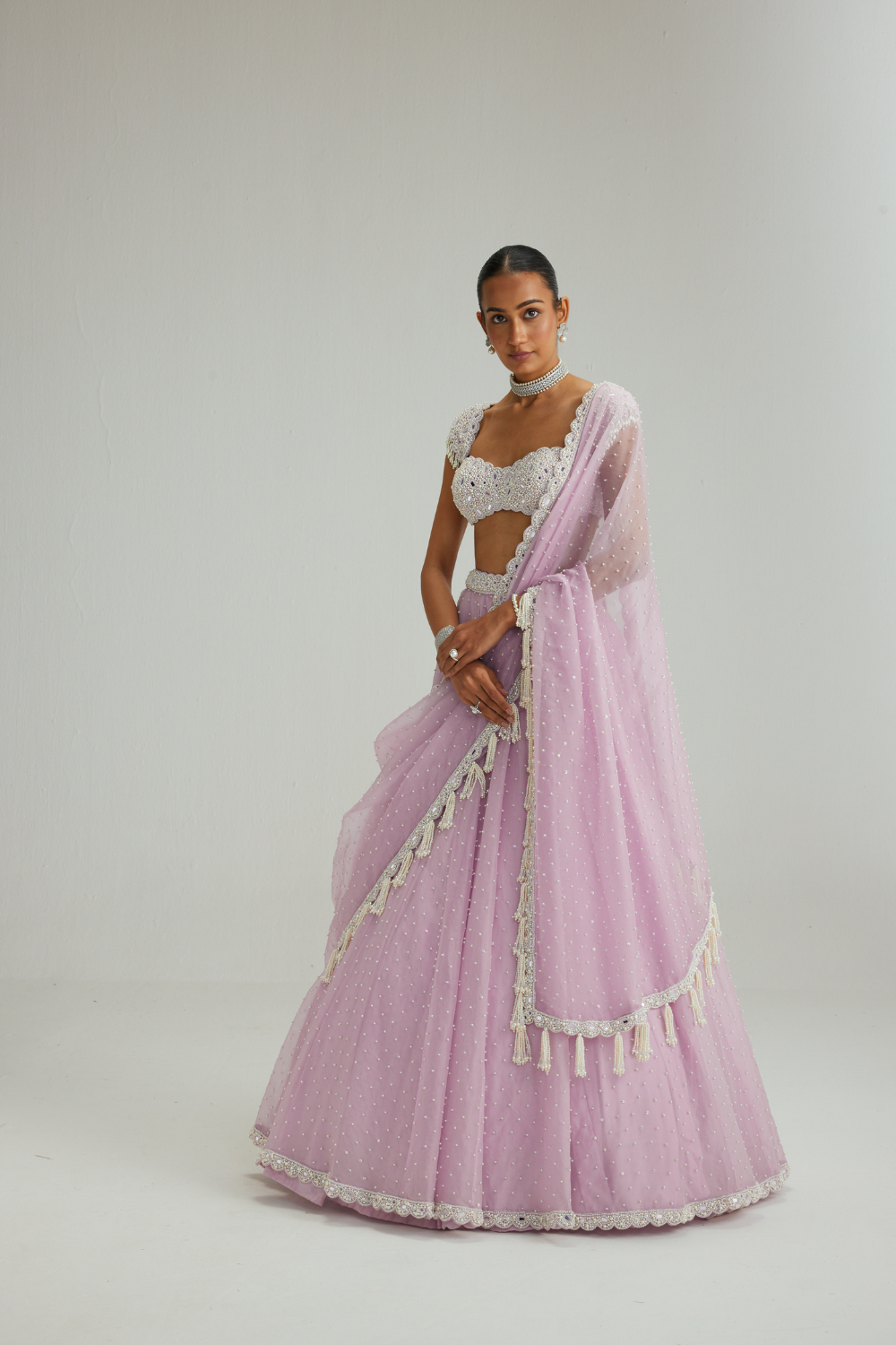 Lavender mirror and pearl lehenga set