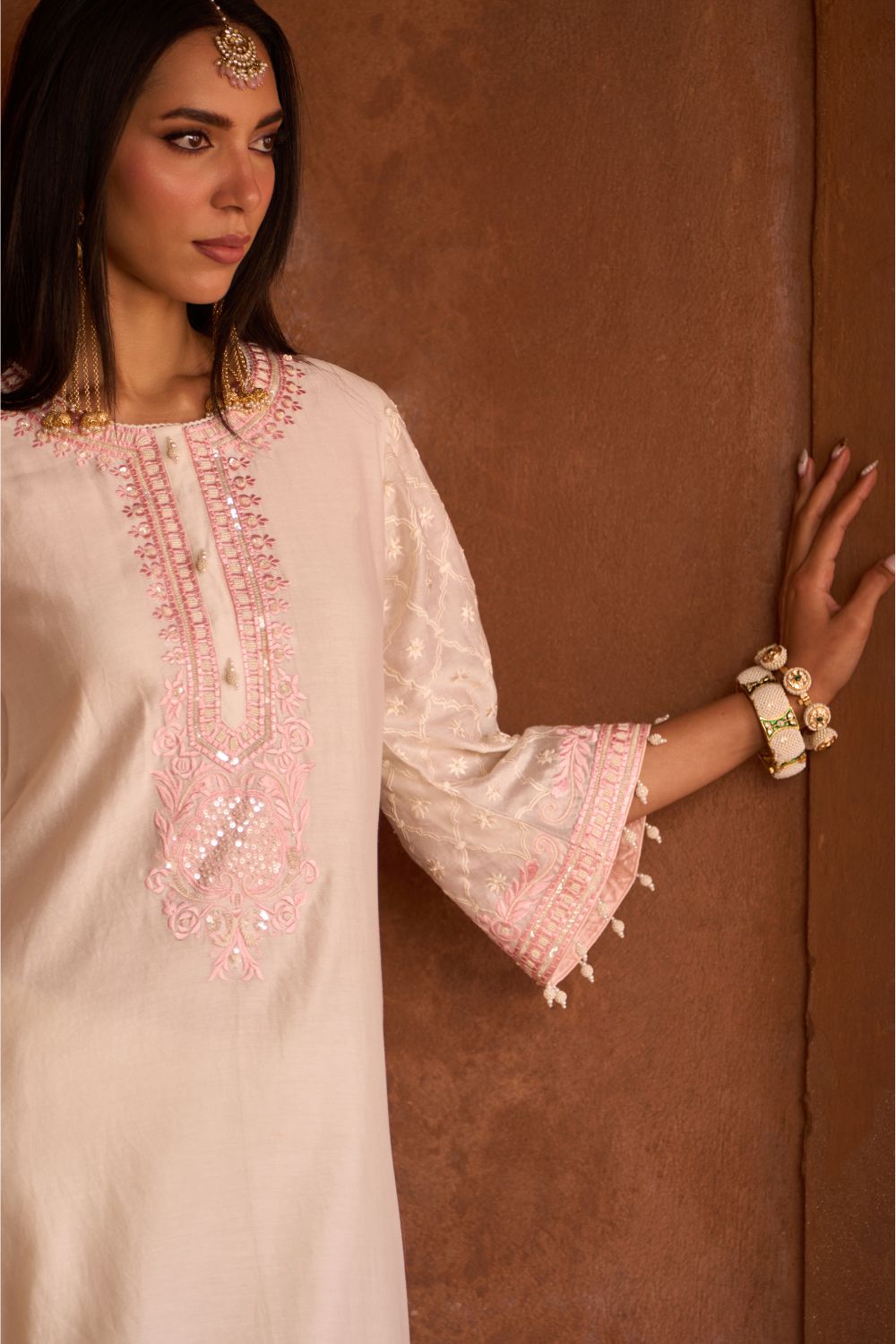 RUHI - DAISY IVORY WITH PINK SHORT KURTA AND DHOTI