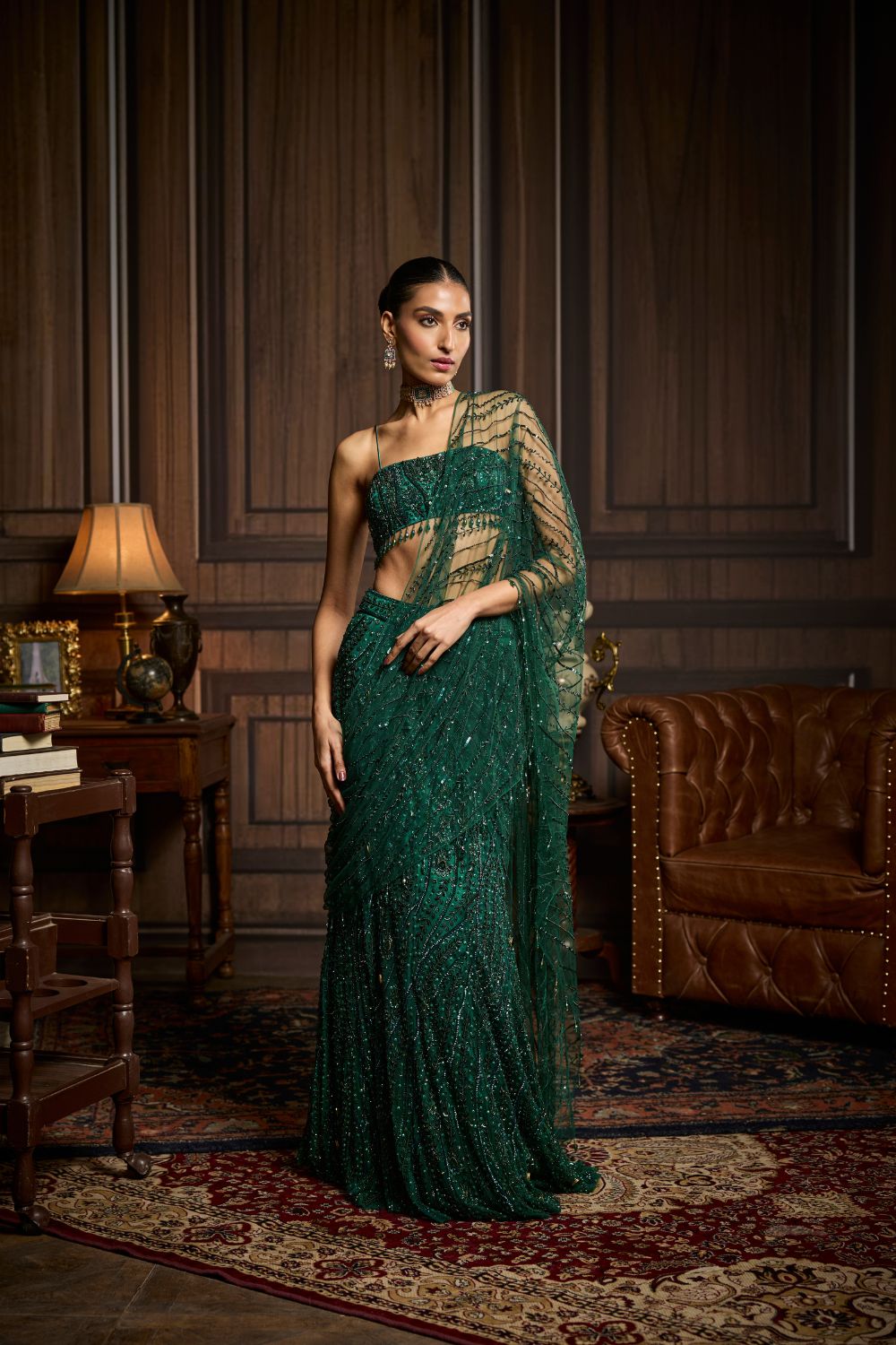 EMERALD GREEN EMBELLISHED BLOUSE AND PRE-DRAPED SAREE SET