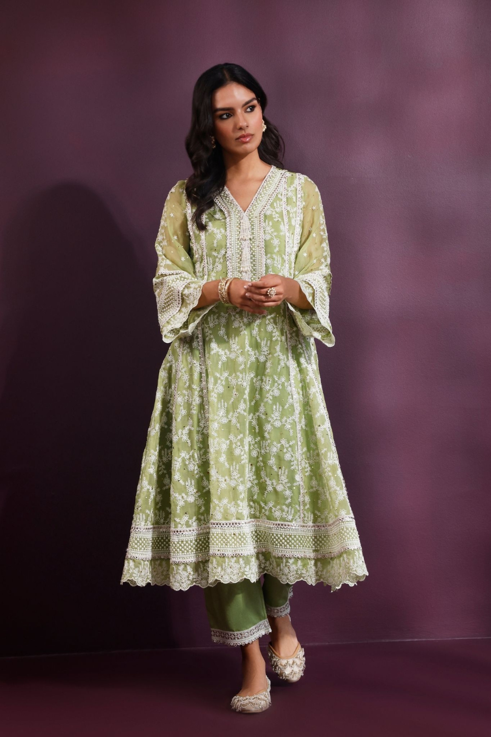 Rupa Organza Pista Green Anarkali Kurta with Pima Satin Pista Green Pant Set