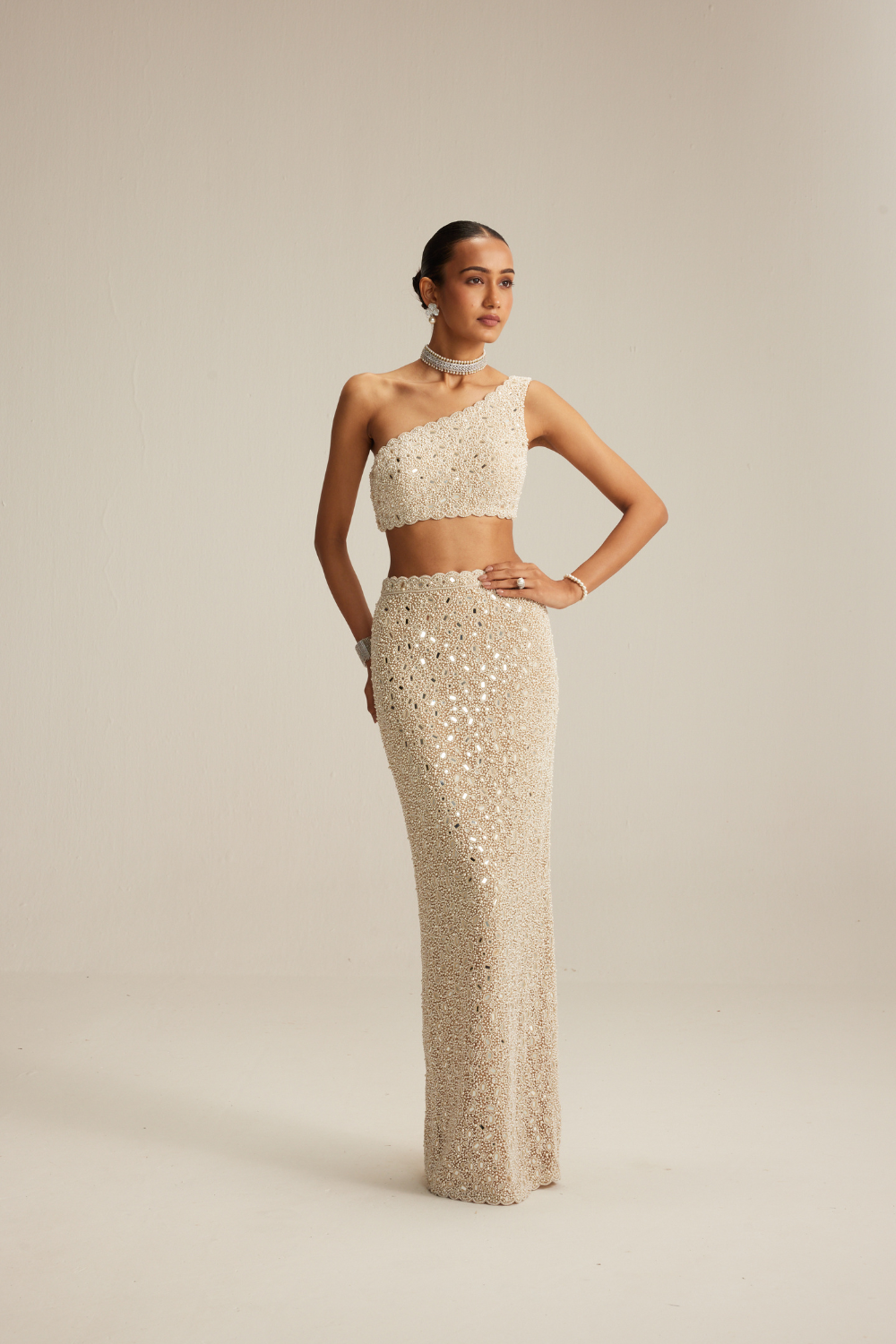 Light Beige Dense Pearl and Mirror One shoulder Pencil Skirt Set