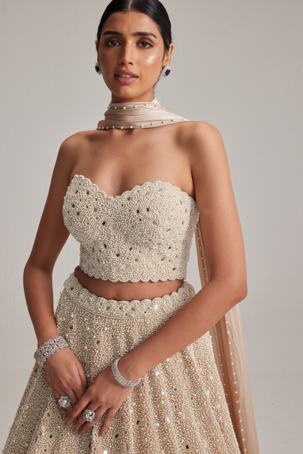 Light Beige mirror and pearl Corset lehenga set With Stole