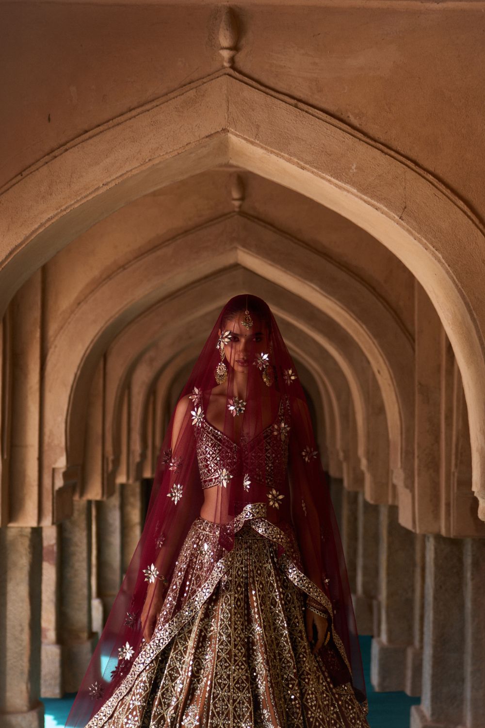 PRITHVI — Brown Raw Silk Lehenga Set with Contrast Maroon Blouse