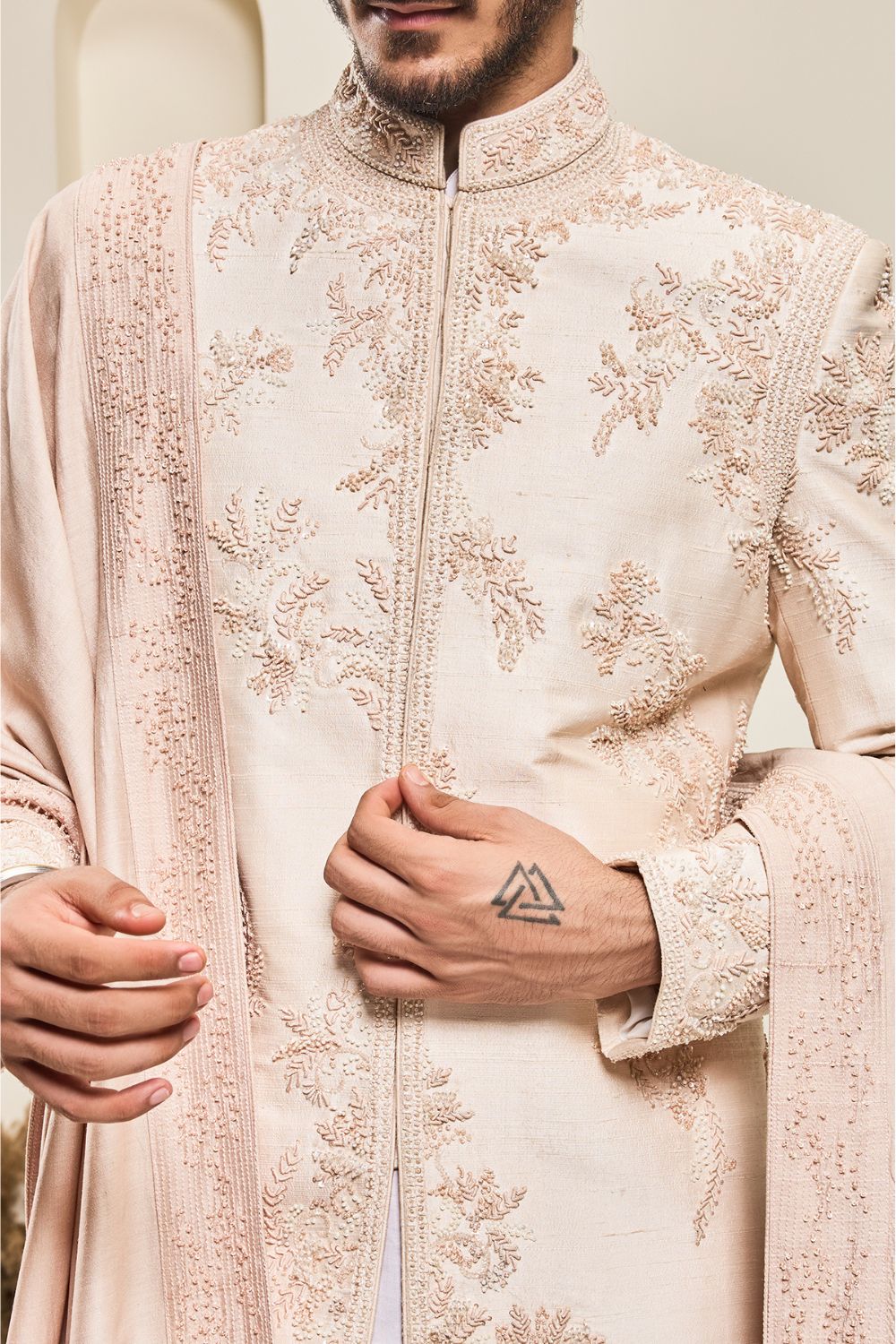 Dusty rose sherwani with pearl,sequins, critical and spring work