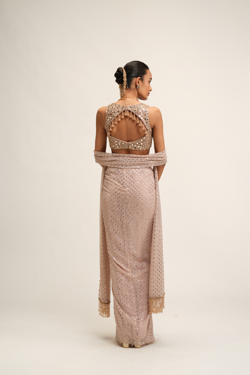 Ash Pink Draped Skirt with V-Neck Blouse Set