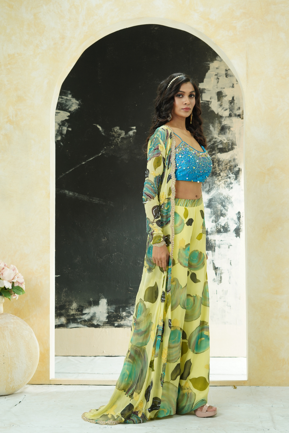 Lime Yellow hand painted palazzo and jacket set
