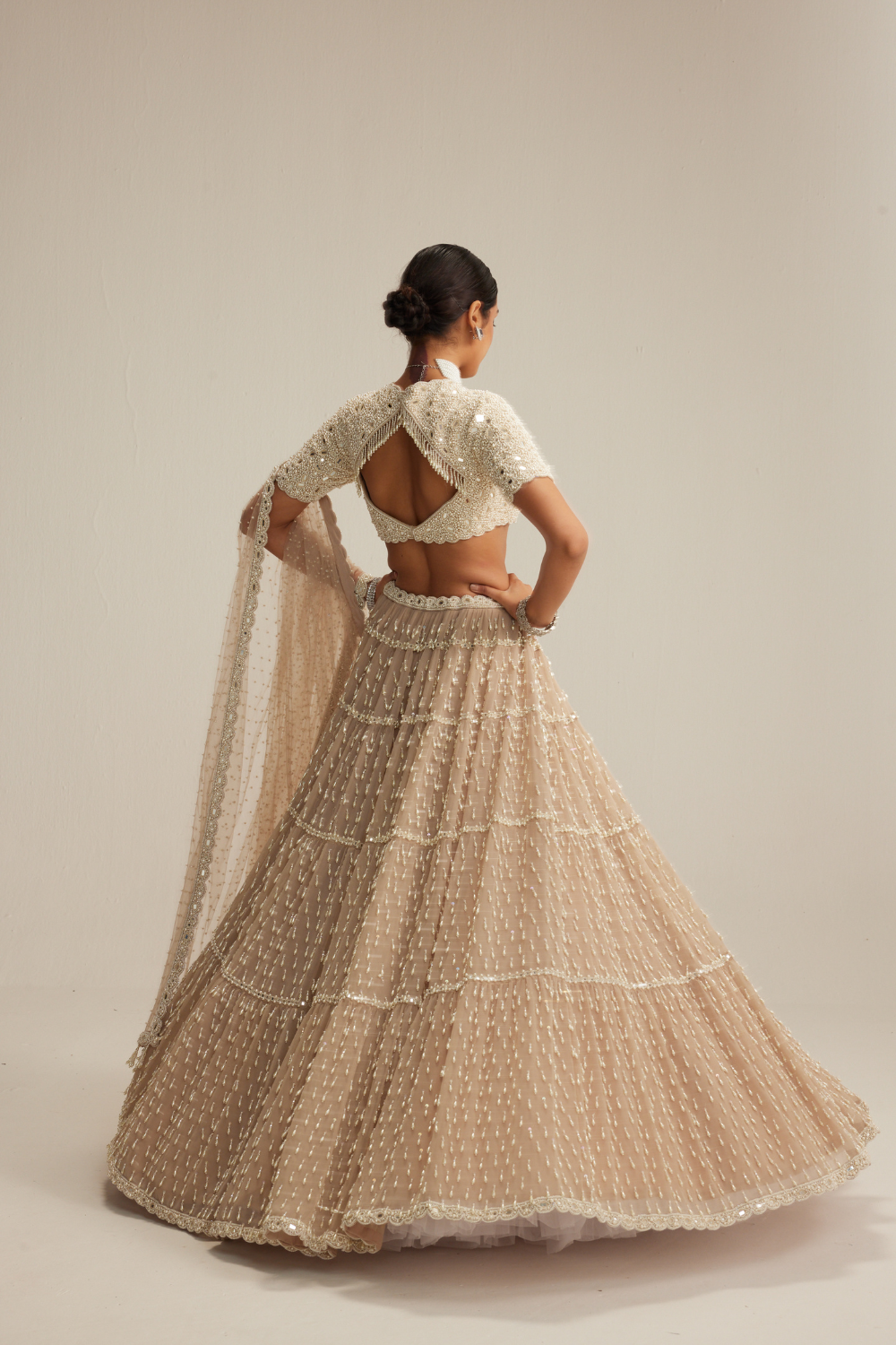 Light Beige Pearl Drop Multi Tier Lehenga With High Neck Blouse Set