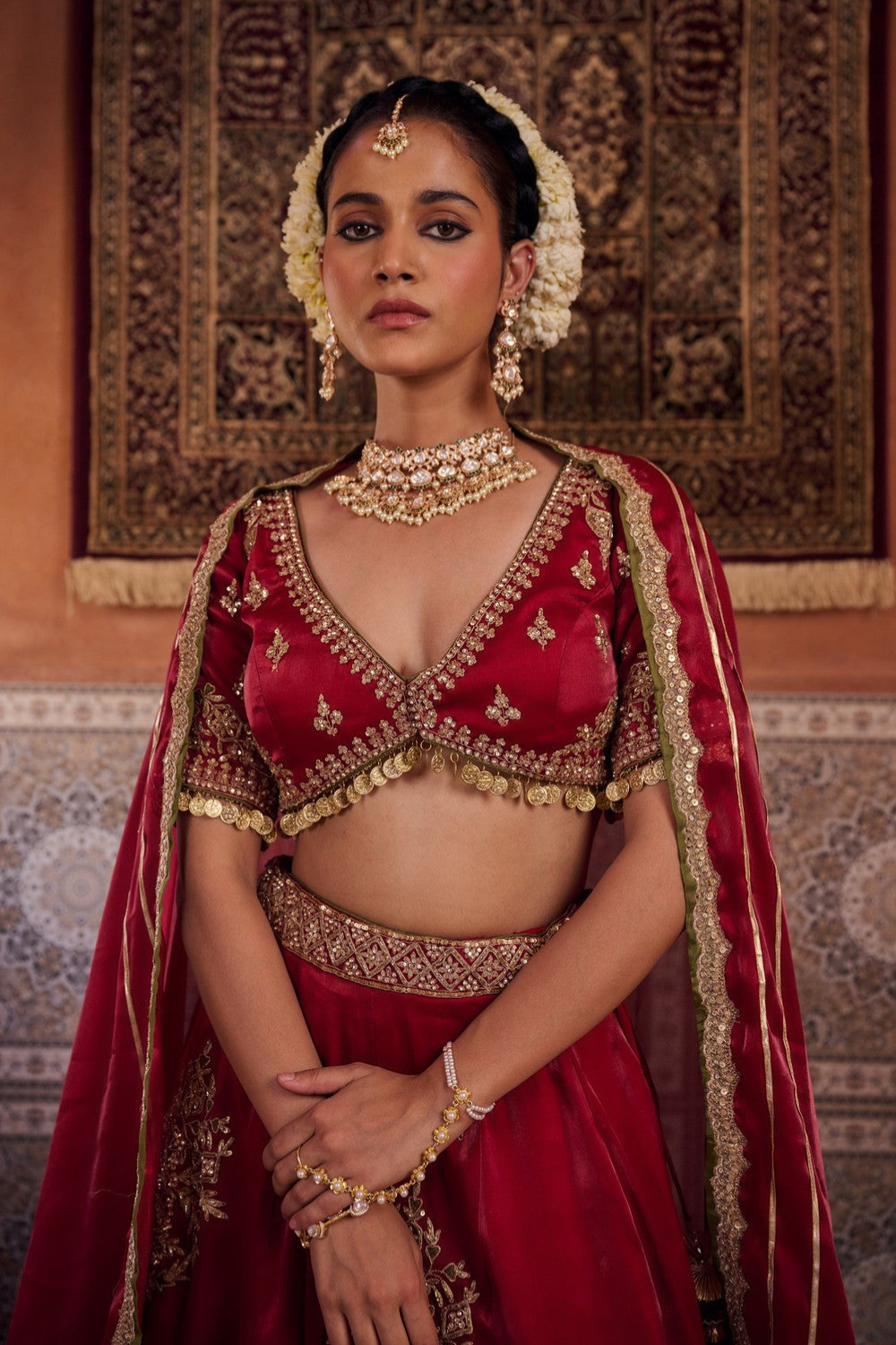 Maroon glass tissue blouse, lehenga and dupatta