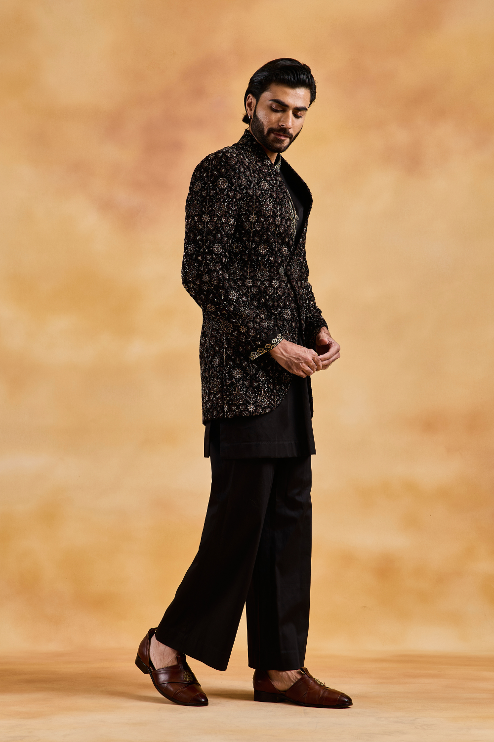 Black Velvet Overlap Jacket with Kurta and Trousers
