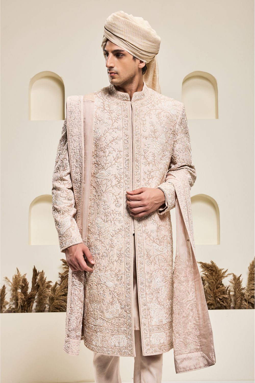 Dusty rose sherwani with pearl and thread work