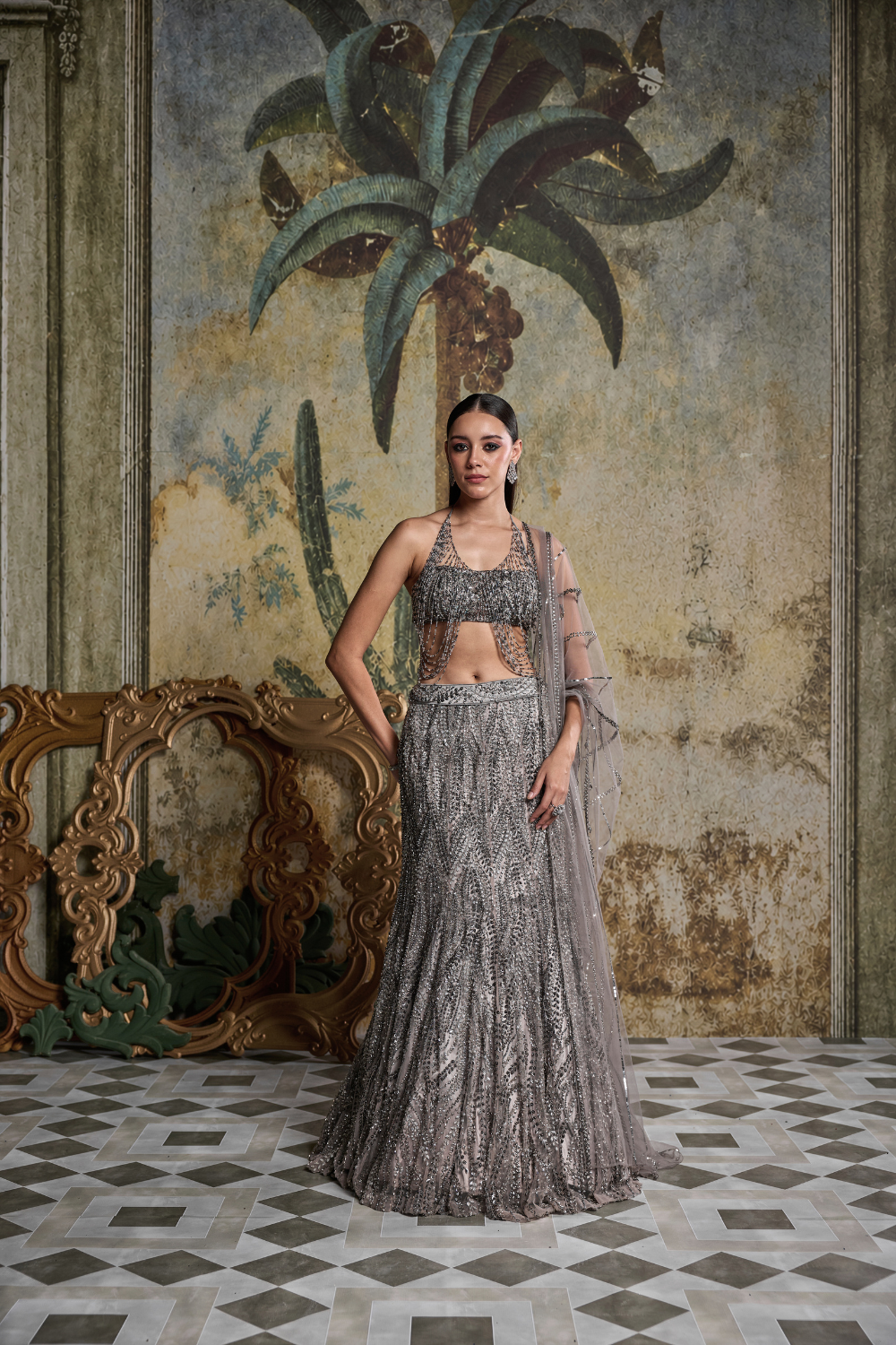 Grey Gunmetal Embellished Mermaid Skirt Set with Tasselled Blouse