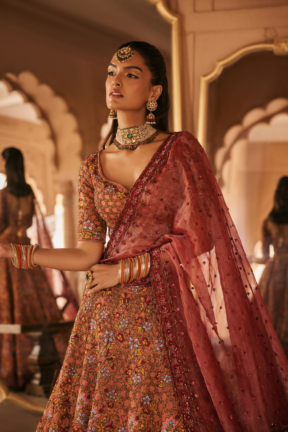 Rust, Deep Red, Hand embroidery, Tissue, Lehenga Set