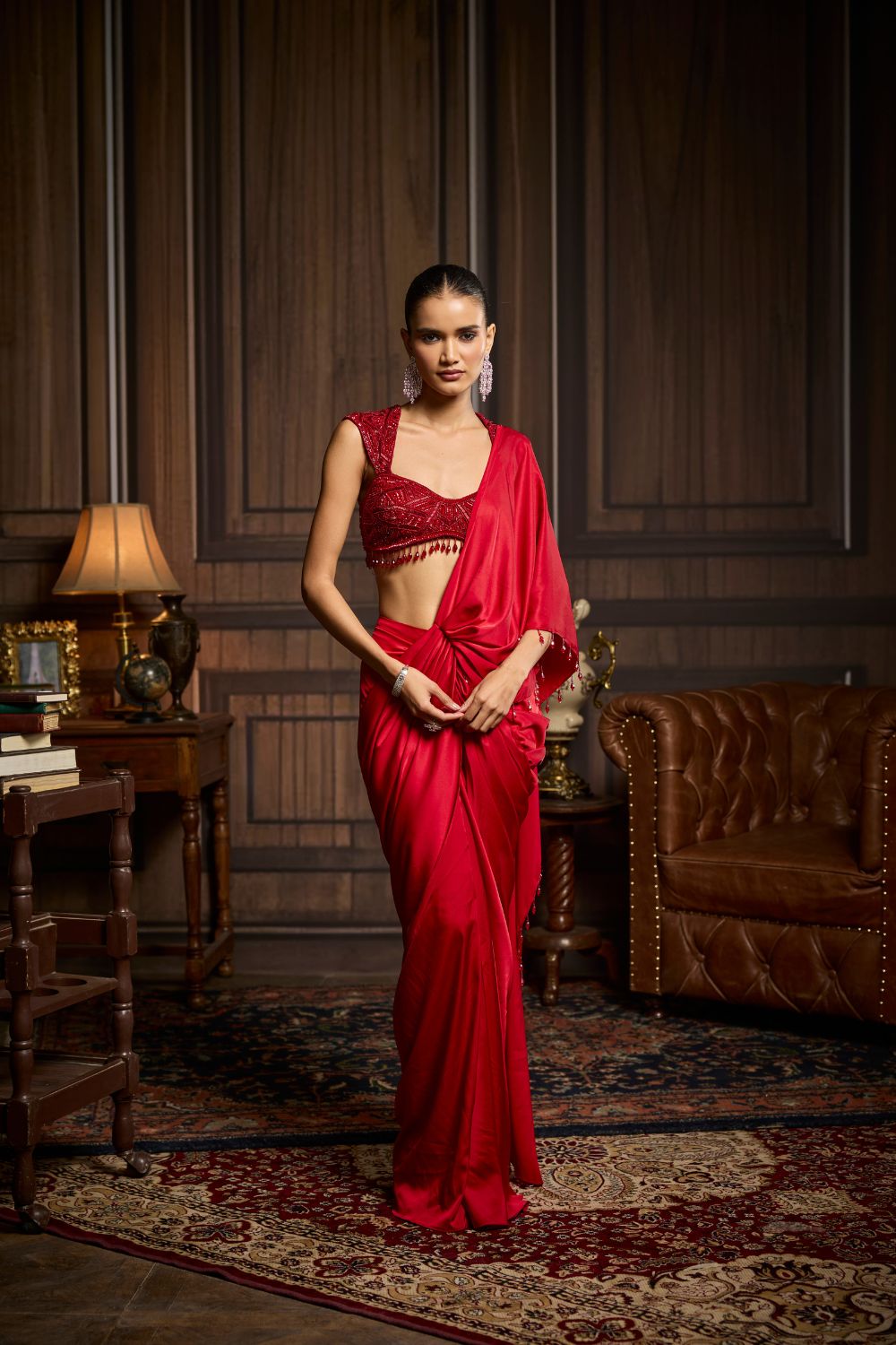RED EMBELLISHED BLOUSE AND PRE-DRAPED DHOTI SAREE SET