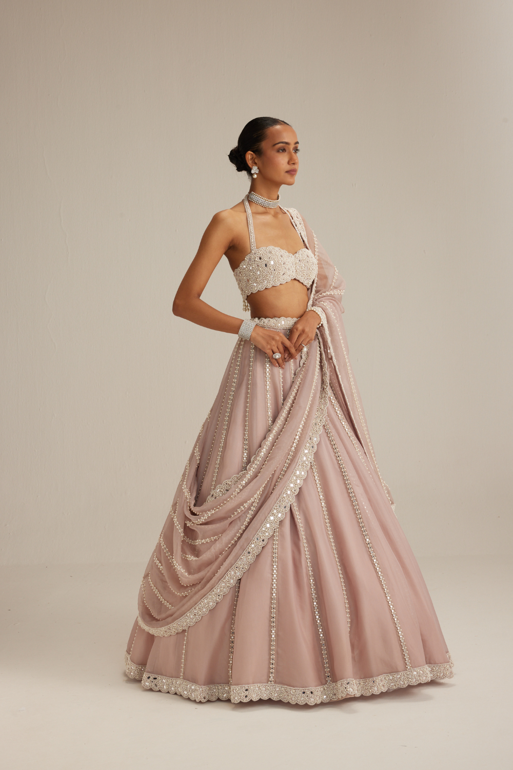 Ash Pink linear embroidered Organza Lehenga Set