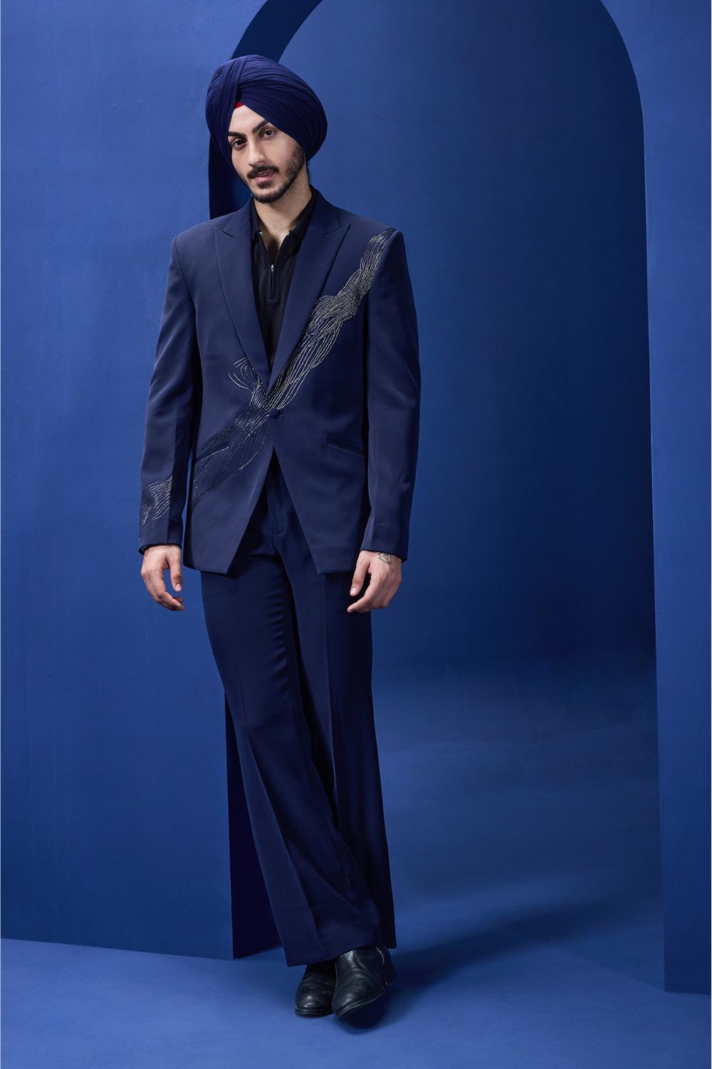 Navy Blue blazer detailing with silver zari