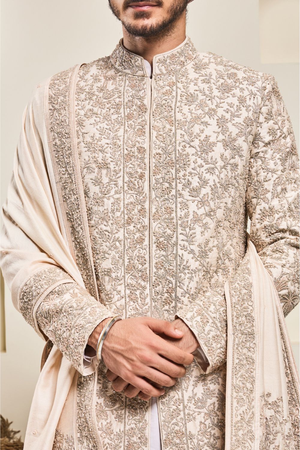 Dusty rose sherwani with pearl,sequins and zari work