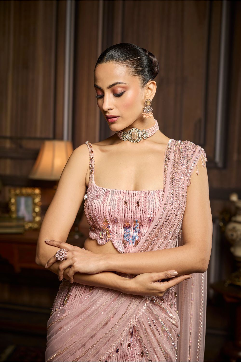 BLUSH PINK EMBELLISHED PRE-DRAPED SKIRT SAREE SET