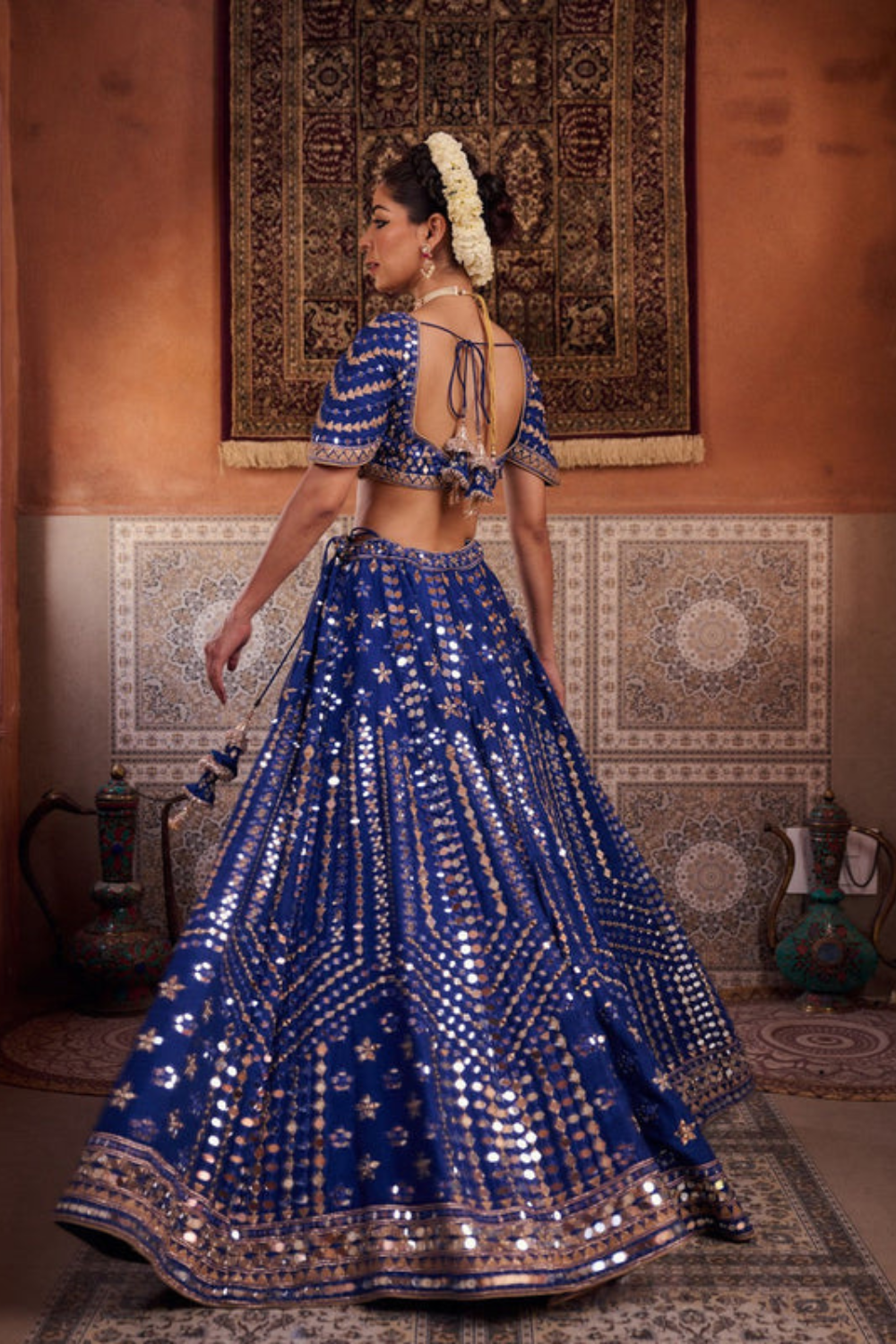 Royal blue dupion silk blouse, lehenga and net dupatta