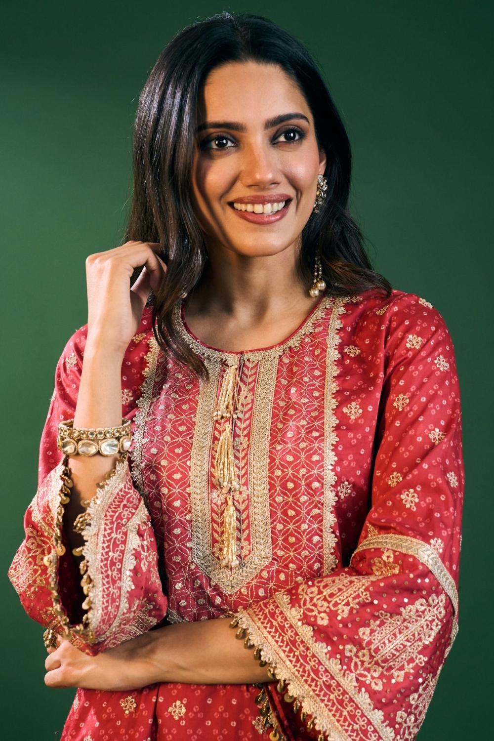 Lari Pima Satin Printed Red Kurta Set