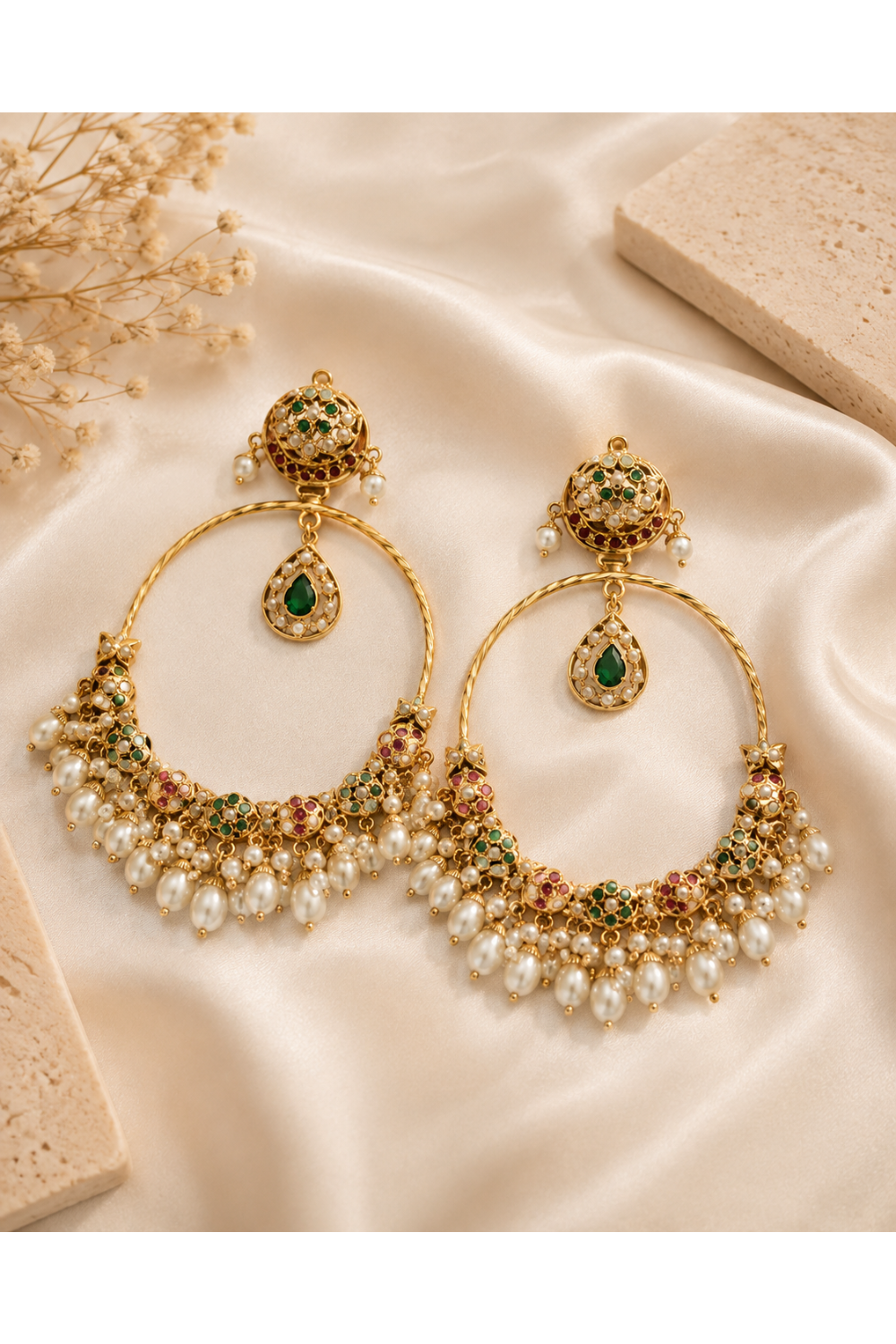 Multicolour Jadau Pearl Oversized Hoop Earrings